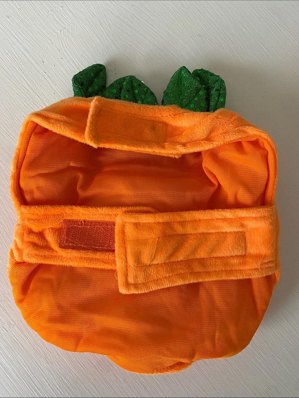 Small Dog Orange Pumpkin Costume with Green Leaf Accent & Hat
